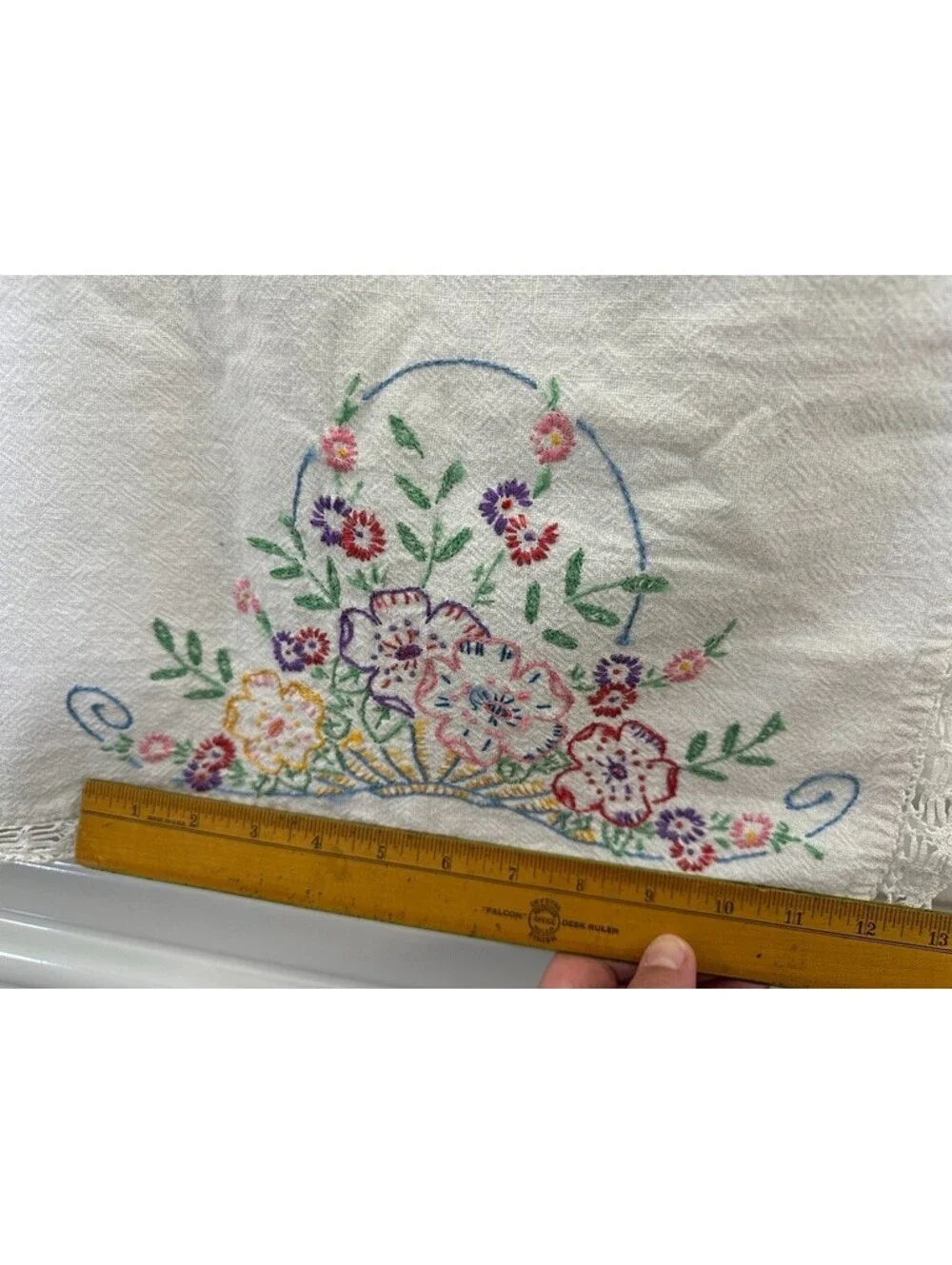 Vintage Hand Embroidered Flower Baskets Hand Crochet Trim Tablecloth